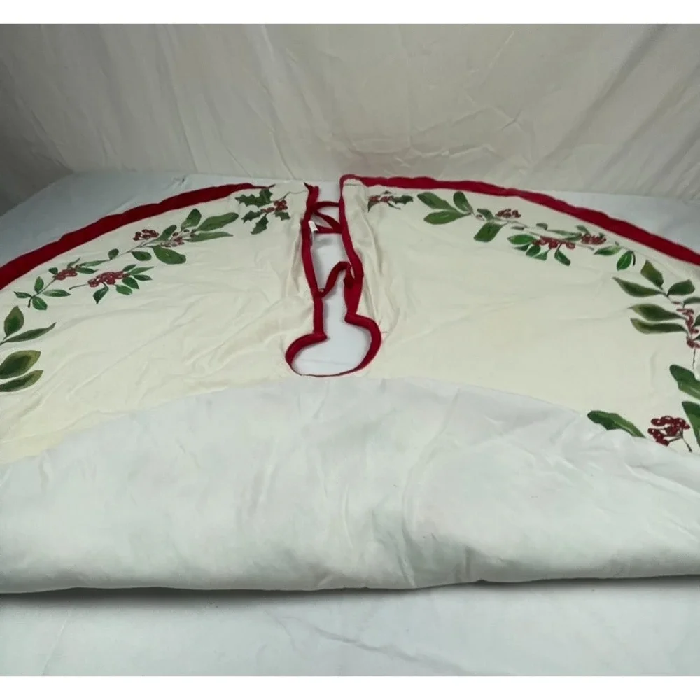 LAUREN RALPH LAUREN CHRISTMAS TREE SKIRT HOLLY BERRY RED TRIM 48